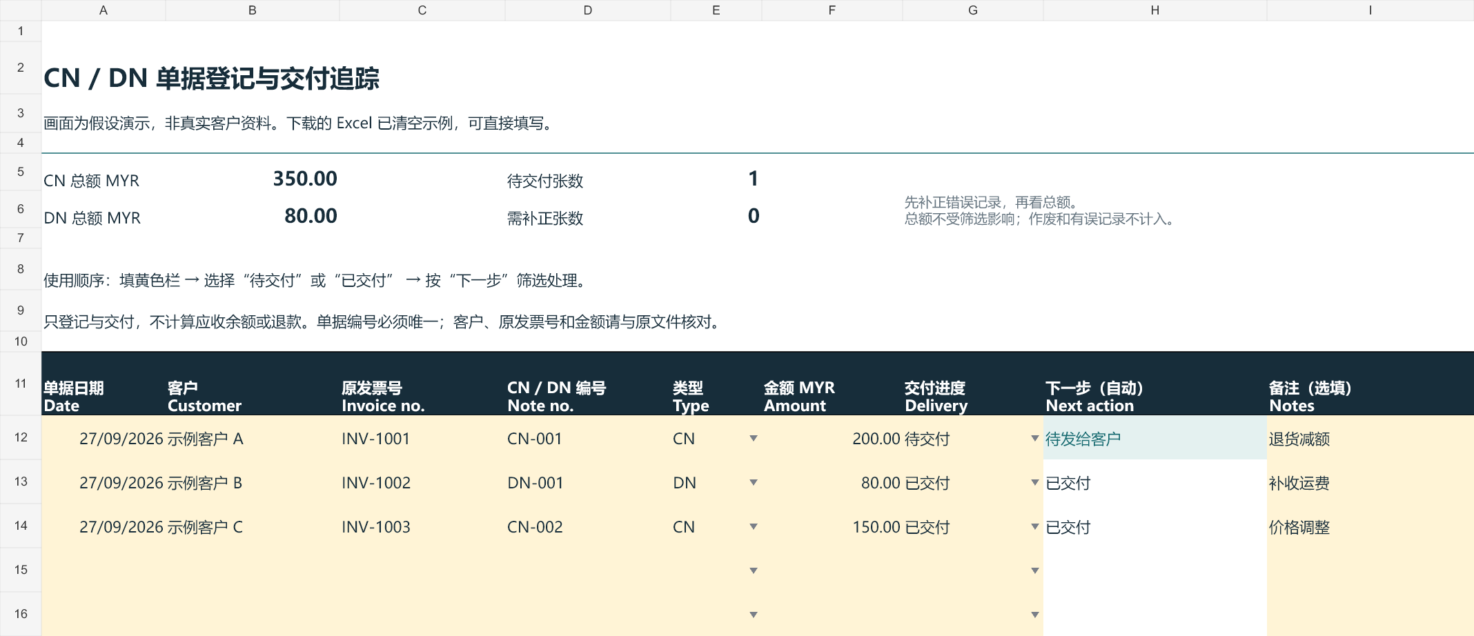CN / DN Excel 模板实际截图，黄色输入栏与单据交付状态
